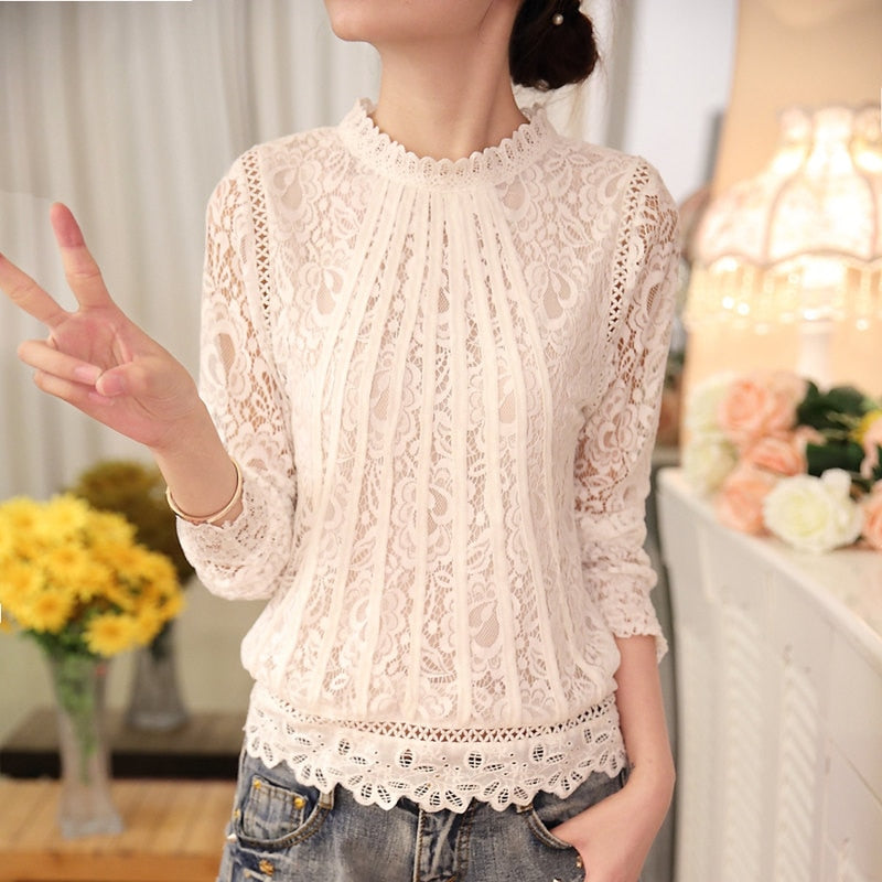 Women's Long Sleeve Chiffon Lace Crochet Tops Blouses
